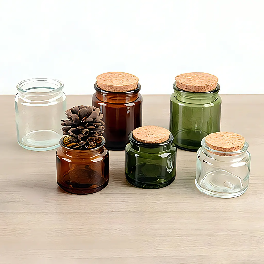 Skleněné dózy o objemu 100 ml a 200 ml s korkovým víčkem